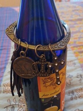 Vintage Brass Charm Bracelet with Cross and Crown Charms - Brown